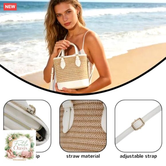 Straw Bucket Bag Crossbody Top-Handle Shoulder Purse Minimal Chic Travel - Picture 6 of 7